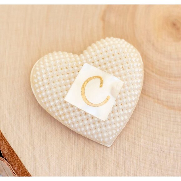 Vintage Mother of Pearl C Letter Heart Brooch - B12 - Picture 1 of 2